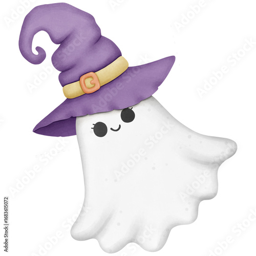 Halloween cute ghost wearing witch hat
