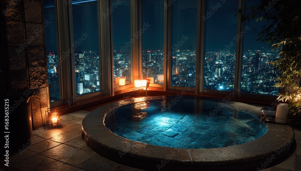 Obraz premium Panoramic city view hot spring at night