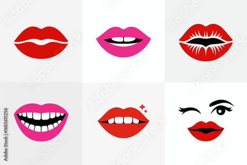 Expressive mouth vector illustrations, smiling lips, open smiles, teeth and tongue poses, cosmetic lip shapes, facial expression collection