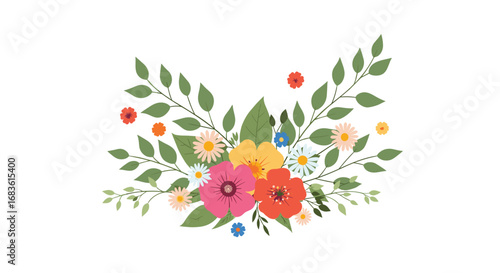 A beautiful garland of vibrant spring flowers and green leaves for a festive occasion