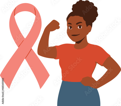 Strong woman flexing arm next to pink ribbon symbolizing breast cancer awareness