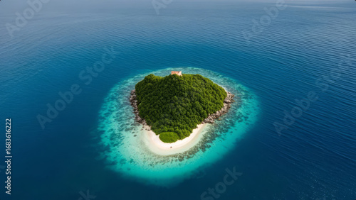 Aerial View of a Romantic Heart-shaped Uninhabited Tropical Island in the Ocean