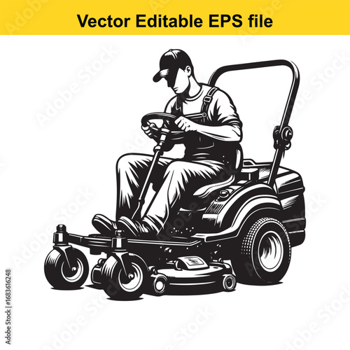 Man driving a zero turn lawn mower isolated on white background