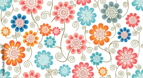Vibrant watercolor floral pattern with swirling green vines and delicate petals