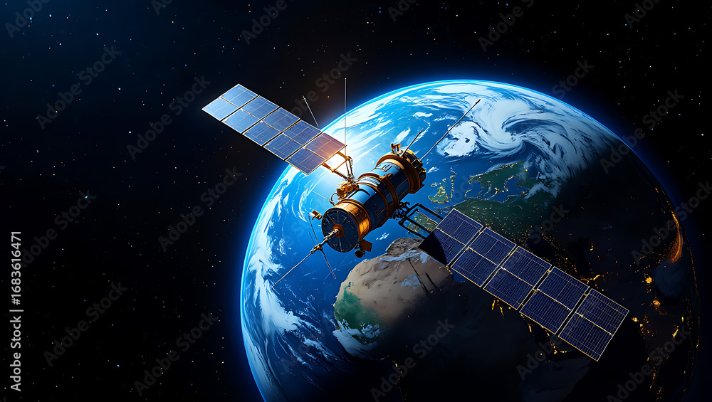 Fototapeta premium A satellite with solar panels orbits the earth, showing a detailed view of the planet from space
