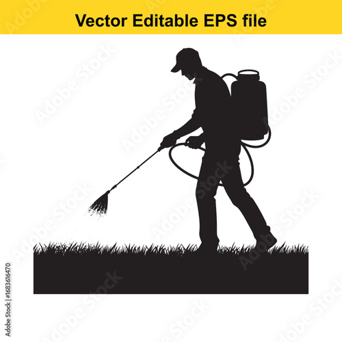 Silhouette of a man spraying grass with a backpack sprayer, isolated on white background