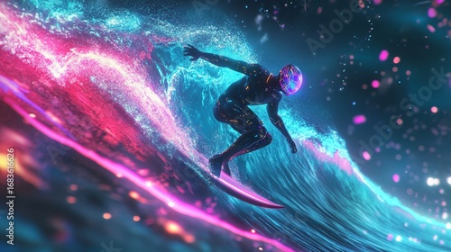 Wallpaper Mural A neon cyber-wave with a digital holographic surfer Torontodigital.ca