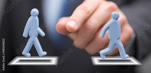 A hand points to a 3D walking figure over a choice