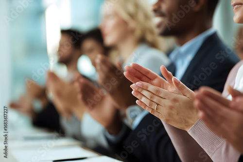 Audience claps enthusiastically during a presentation in a modern conference room in the afternoon, celebrating a successful speaker's engaging discussion