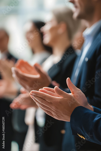 Group of individuals applauding in a formal setting during a professional event held indoors on a bright day