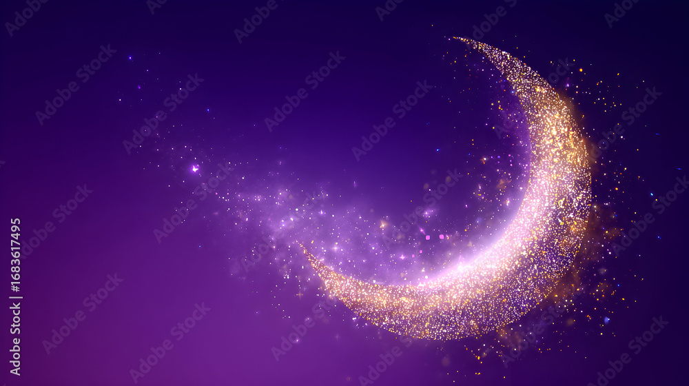 Fototapeta premium A sparkling crescent moon illuminates a deep purple night sky filled with shimmering stars and magical dust