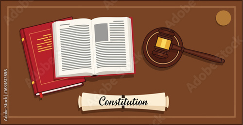 Justice and Law symbols on desk, gavel, books, constitution scroll