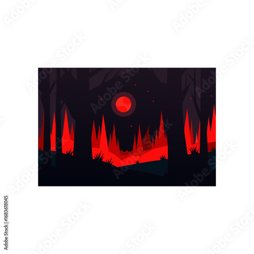 A surreal and atmospheric landscape featuring a dark forest under a blood moon with glowing red trees and a fiery horizon creating a mysterious and eerie nocturnal scene