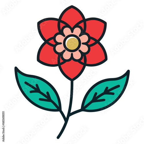 Red flower icon with green leaves editable stroke vector illustration for general use