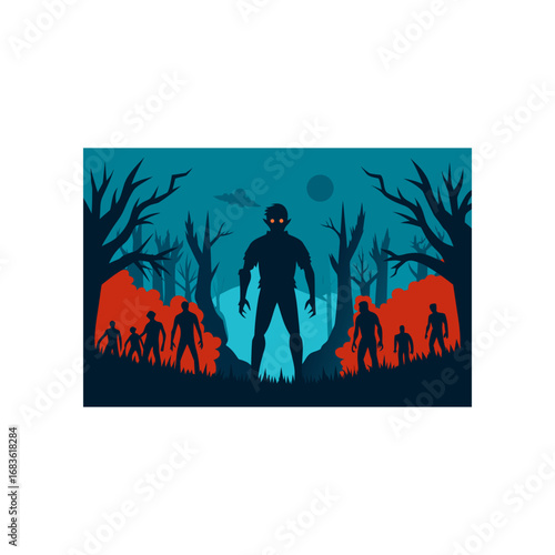 A terrifying silhouette of a monstrous creature with glowing eyes stands tall in a dark eerie forest surrounded by a horde of approaching zombies under a full moon and a cloudy sky