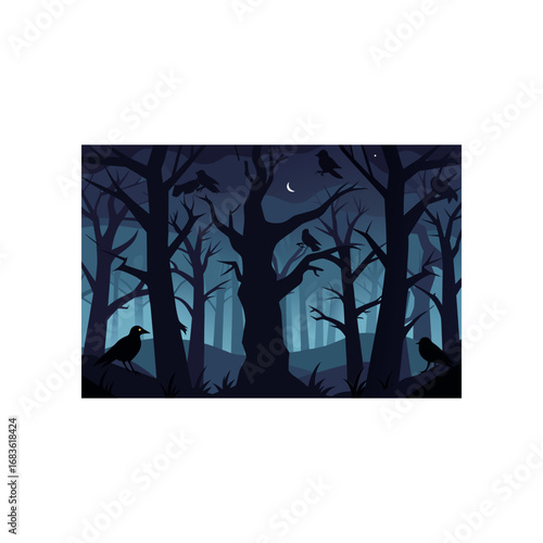 Mysterious dark forest at night with silhouetted bare trees and crows perched on branches under a faint crescent moon and a few stars creating an eerie atmosphere