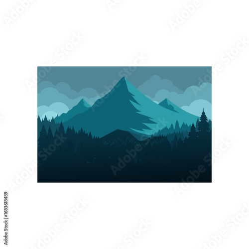 Serene mountain range with a dense evergreen forest in the foreground under a cloudy sky rendered in a cool teal and dark blue color palette evoking a sense of calm and nature s grandeur