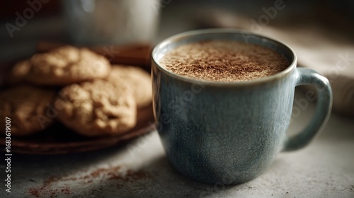 A cozy ceramic mug filled with a hot beverage topped with cinnamon powder accompanied by delicious cookies on a rustic plate