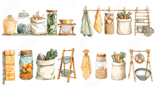 Eco-friendly watercolor illustration of kitchen storage jars, cloth bags, vegetables, and reusable containers in zero waste sustainable lifestyle theme.
