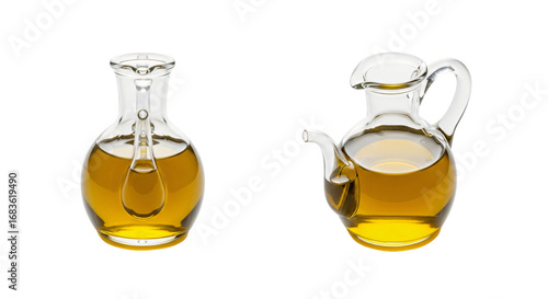 Two elegant glass cruets with different designs filled with golden olive oil and isolated on white.