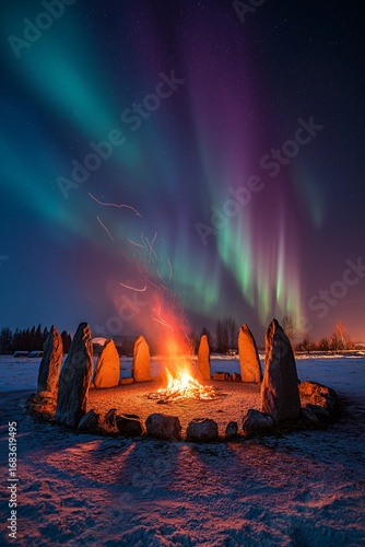 Winter solstice ceremonial bonfire stone circle night sky aurora borealis snow outdoor glowing fire mystical celebration peaceful