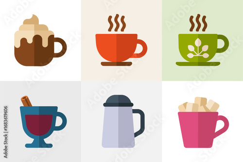Hot drinks vector illustrations, cozy winter beverage collection, steaming coffee, tea, cocoa mugs, seasonal celebration design, festive art elements, warm holiday graphics