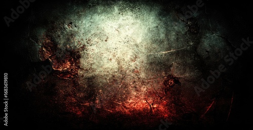 Dark, textured surface with blood-red and gray stains