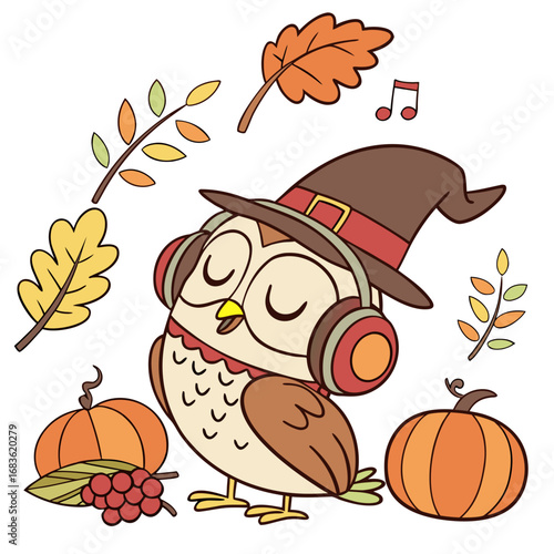 Dreamy expression on a Owl in a Thanksgiving theme, with wearing headphones – Harvest Blessings vector art