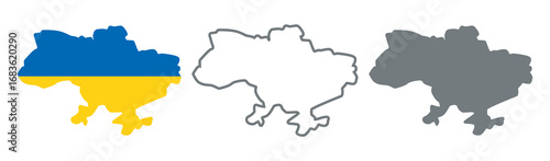Map of Ukraine Hand Drawn Vector Illustration. National Flag Colors, Line and Solid Grey Silhouette on White Background. No War. 