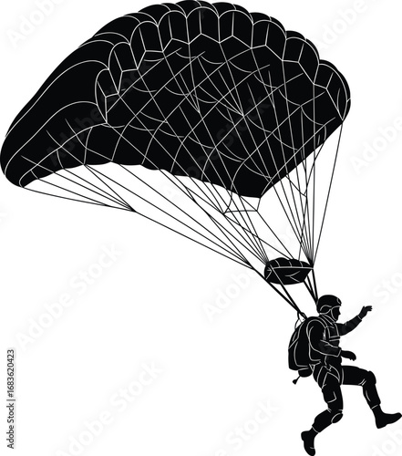 Silhouette illustration of parachutist skydiver descending with open parachute, extreme skydiving adventure sport, flying in air safety equipment