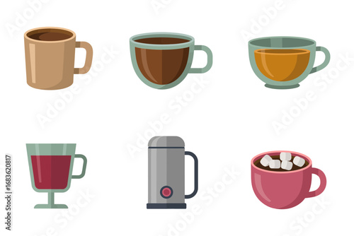Coffee cup and tea mug vector set, steaming beverage illustrations, cafe icons, cozy drink collection, warm beverage art