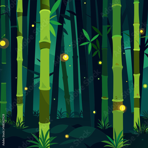 Vector art of enchanted bamboo forest with glowing fireflies at night