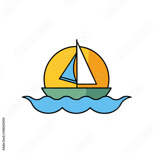 Vector art of sailboat sailing on wavy water with a sunset