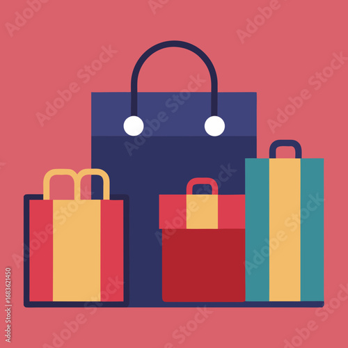 Vector art of three colorful shopping bags on a pink background, representing commerce and retail