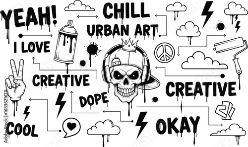 Urban graffiti street art illustration with skull, spray paint, peace sign, creative words, lightning bolts, doodles, and hip hop style