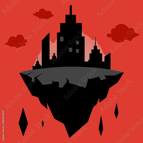 Vector art of silhouette of a futuristic city on a floating island against a dramatic red sky