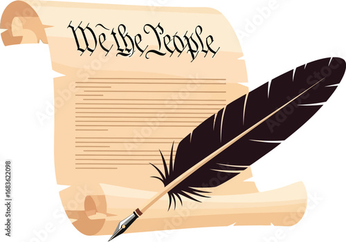 Historic document with quill pen signifies founding principles and justice