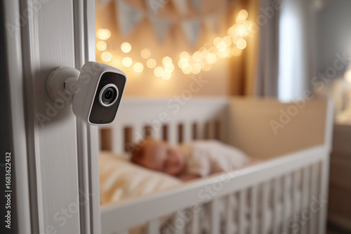 A baby monitor camera is mounted on the wall to monitor a sleeping baby in a crib. Soft lighting and a cozy atmosphere enhance the scene.