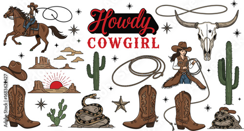 Western cowgirl rodeo illustration with horse, cowboy boots, cactus, lasso, skull, sunset desert landscape, snake, star badge, and hat
