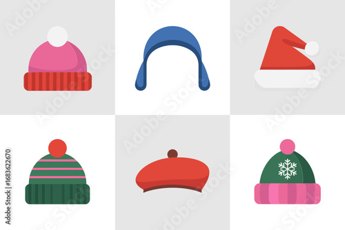 Colorful winter hat vector illustrations, cozy seasonal headwear collection, warm knitted caps, festive fashion accessories, decorative holiday clothing elements, cheerful design
