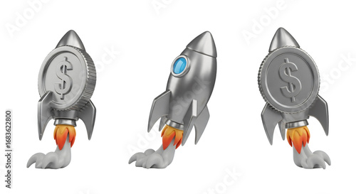 Silver Rocket Ship with Dollar Coin Launching Financial Success.