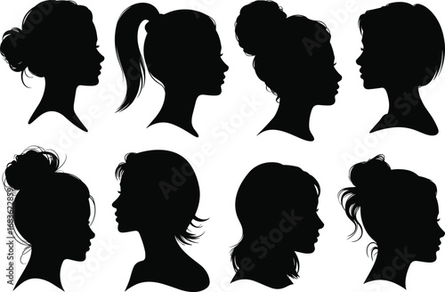 Flat vector illustration of female head silhouettes, different hairstyles, side profile view, woman portrait icons, black elegant design set.
