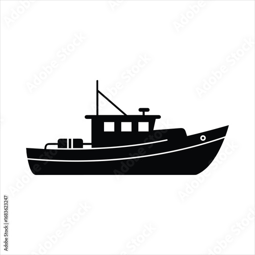 Simple silhouette of a fishing boat sailing on the water with clean design