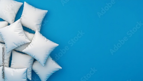 Heap of fluffy white pillows scattered artistically on a vibrant teal blue surface