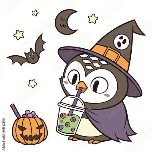 Delightful Bashful Owl in a Halloween scene with with a bubble tea – Spooky Fun vector illustration