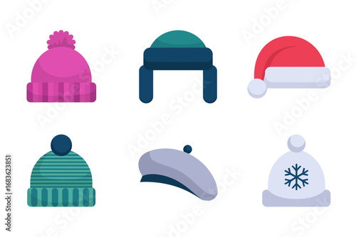 Festive seasonal hat vector collection, cozy knitted headwear illustrations, colorful pom pom caps, decorative holiday clothing designs, warm winter fashion accessories, cheerful art