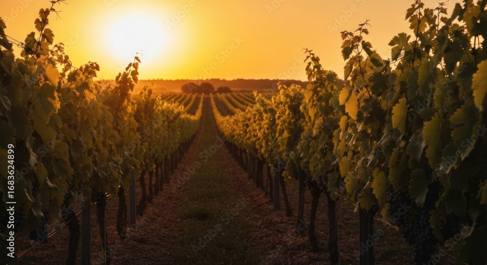 Naklejka premium Golden vineyard rows stretching towards a warm sunset