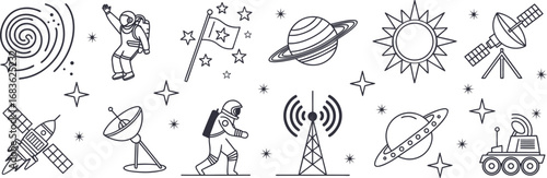 Seamless space illustration with astronauts, planets, satellites, telescopes, and cosmic symbols. Modern astronomy doodle background for science, fabric, and digital design. Vector line art