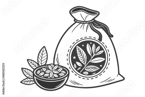 Vector illustration set of coffee beans, bags of food and drink, and various cups and pots