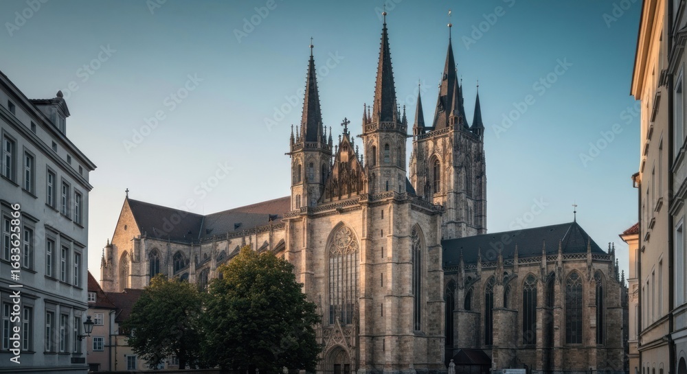 Fototapeta premium Gothic cathedral facade, flanked by urban buildings, bathed in soft morning light